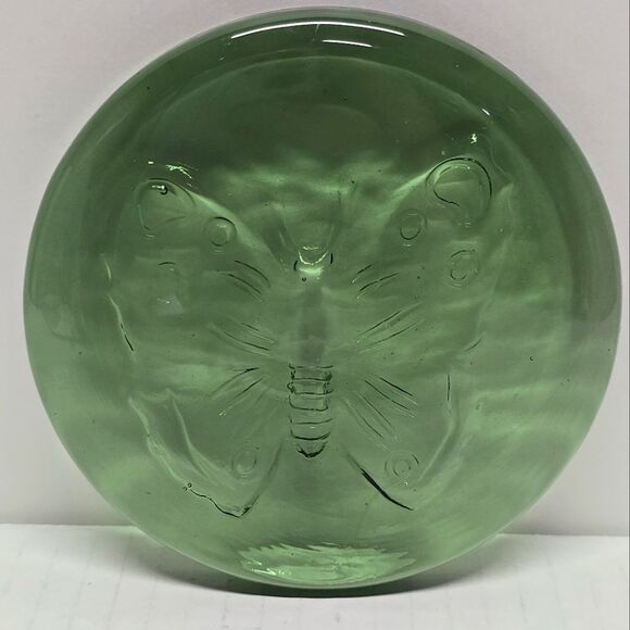 Vintage Green Glass Flat Round Embossed Butterfly Paperweight - Picture 3 of 7